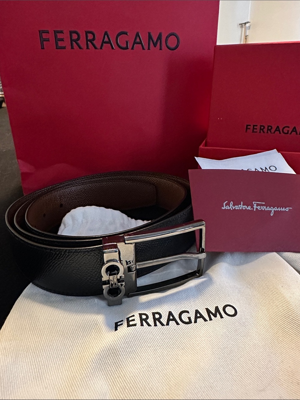 Salvatore Ferragamo Men’s Black Leather Belt with Silver Gancini Buckle